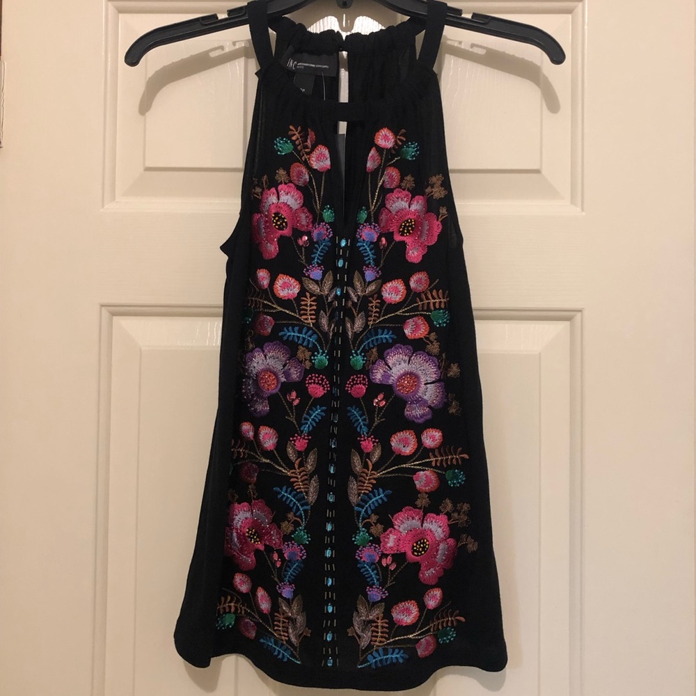 INC Black Floral Beaded Tank Top PP Petite